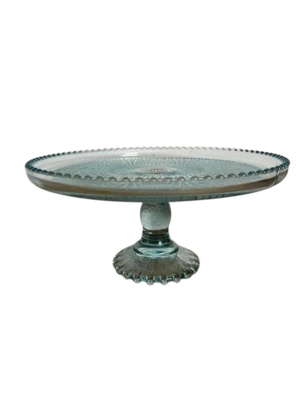 Blue Pressed Glass Pedestal Cake Stand Beaded Edge Retro Round Dessert Tray